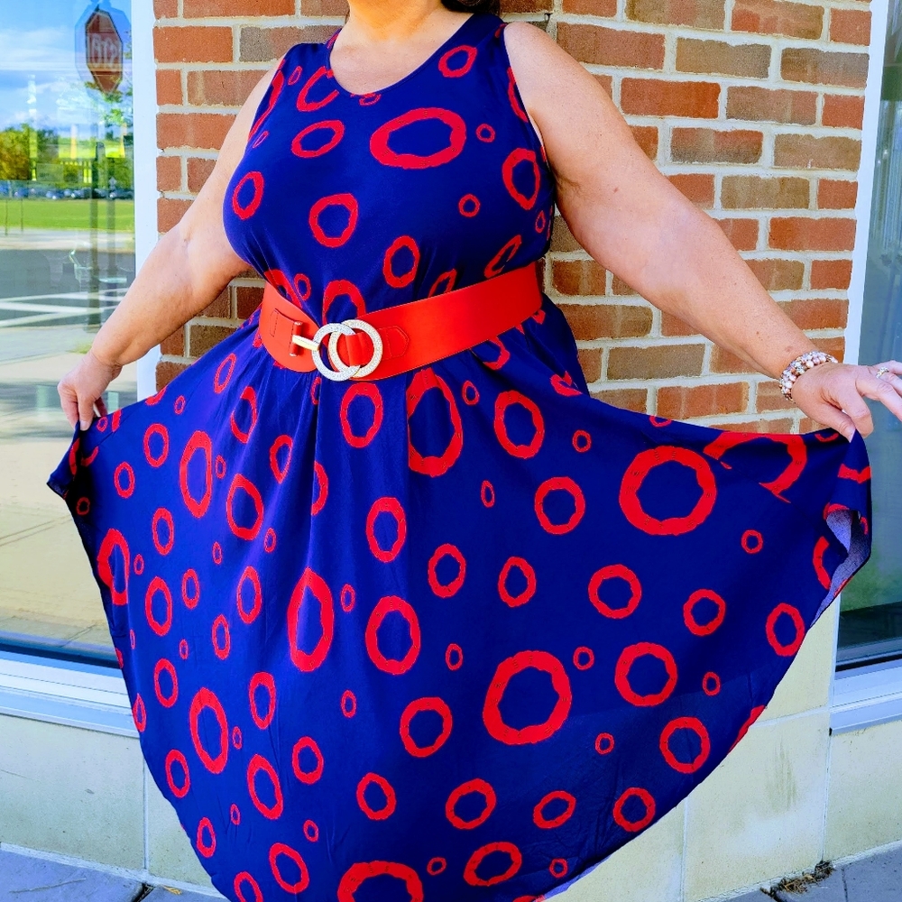 NEW NWOT Tamsy Blue & Red Umbrella Maxi Dress Fits (1X-3X)